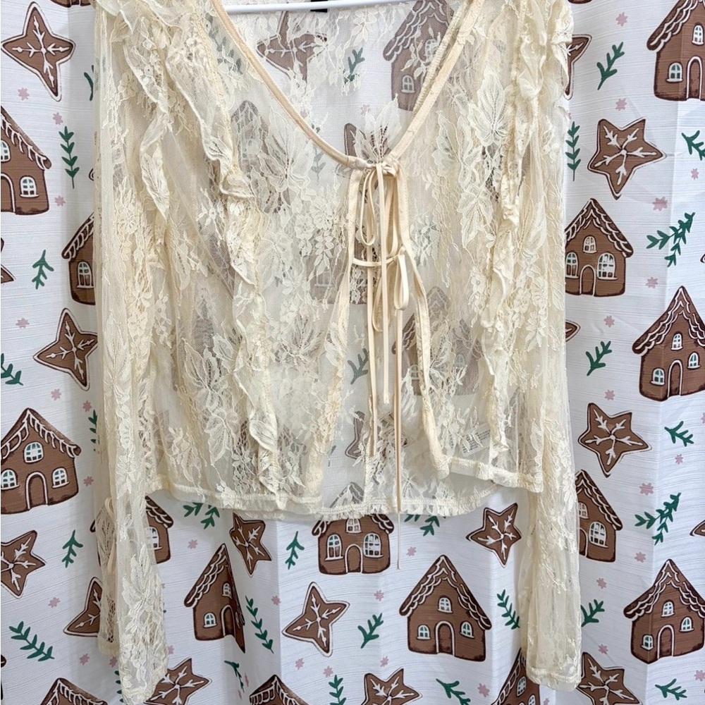 wild fable Sheer Lace Tie-Front Top in Cream